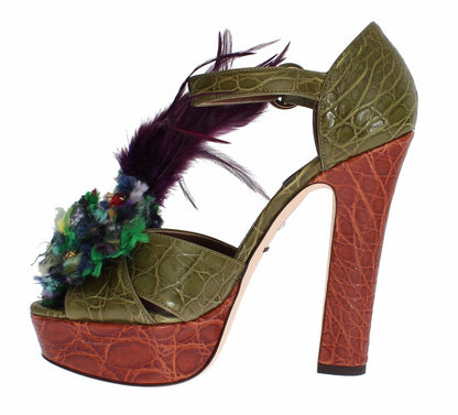 Dolce & Gabbana Green Leather Crystal Platform Sandal Shoes - HBPS Beauty & Fashion