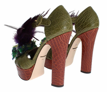 Dolce & Gabbana Green Leather Crystal Platform Sandal Shoes - HBPS Beauty & Fashion