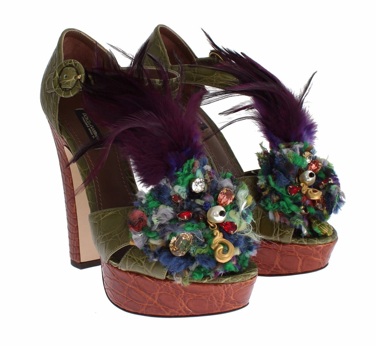 Dolce & Gabbana Green Leather Crystal Platform Sandal Shoes - HBPS Beauty & Fashion
