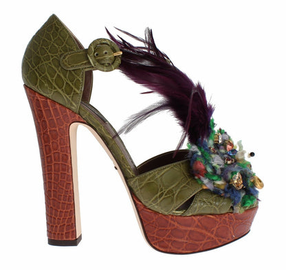 Dolce & Gabbana Green Leather Crystal Platform Sandal Shoes - HBPS Beauty & Fashion
