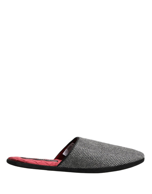 Dolce & Gabbana Grey Herringbone Cashmere Red Slippers Shoes - HBPS Beauty & Fashion