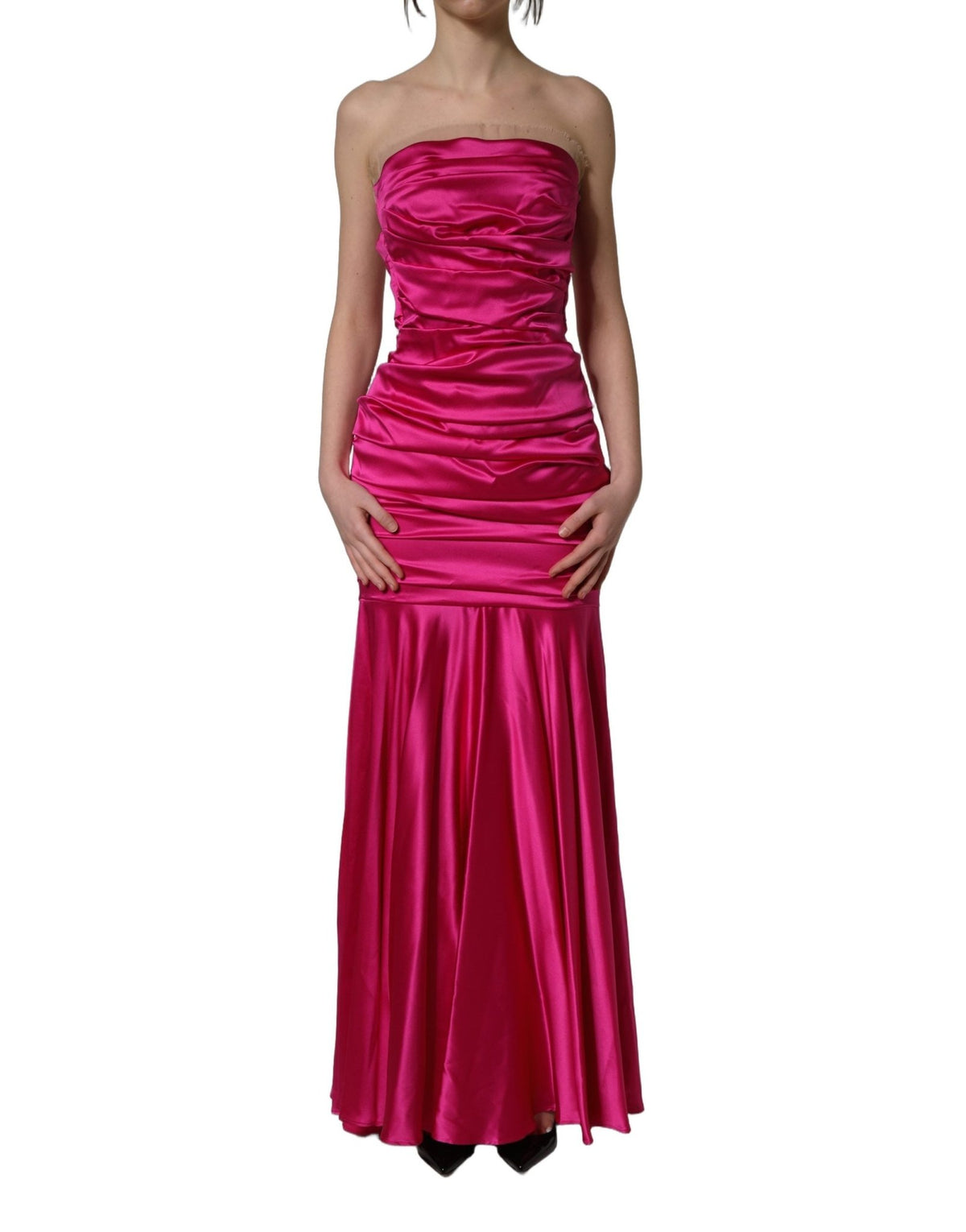 Dolce & Gabbana Hot Pink Ruched Satin Strapless Gown Dress - HBPS Beauty & Fashion