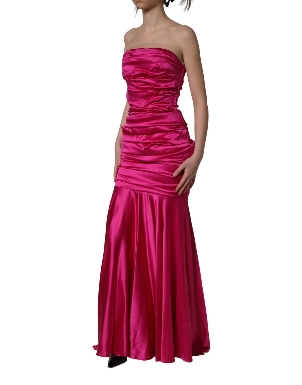 Dolce & Gabbana Hot Pink Ruched Satin Strapless Gown Dress - HBPS Beauty & Fashion