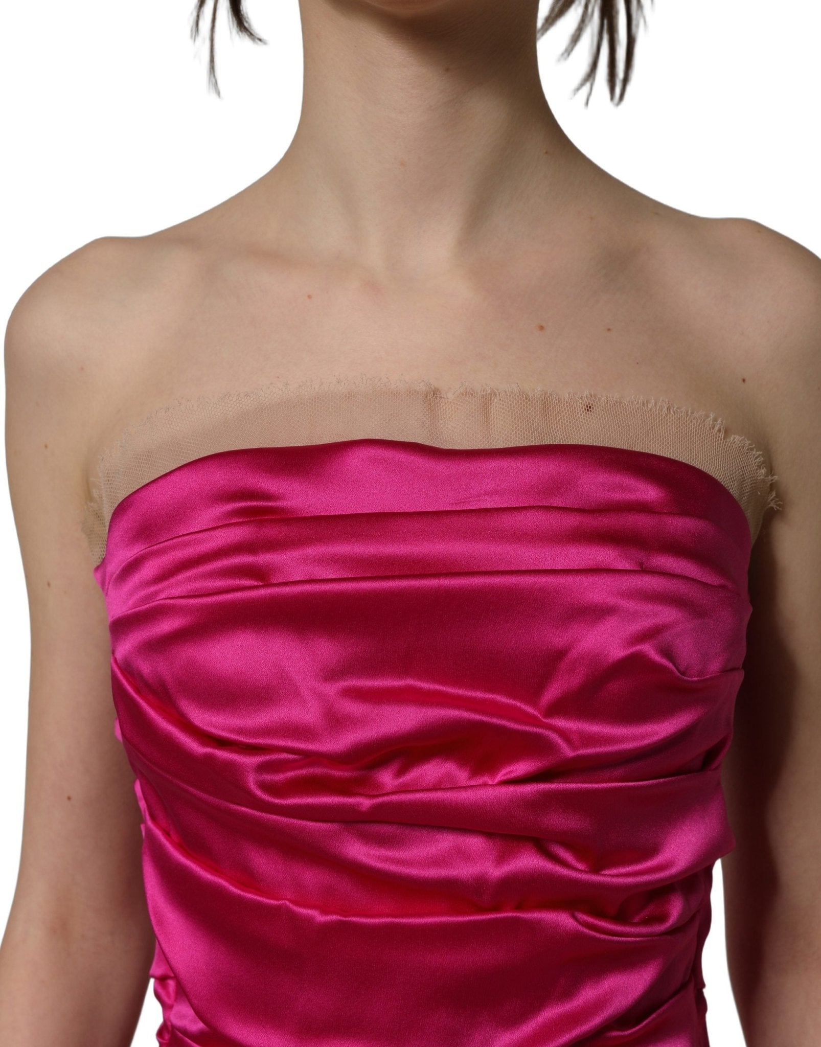 Dolce & Gabbana Hot Pink Ruched Satin Strapless Gown Dress - HBPS Beauty & Fashion