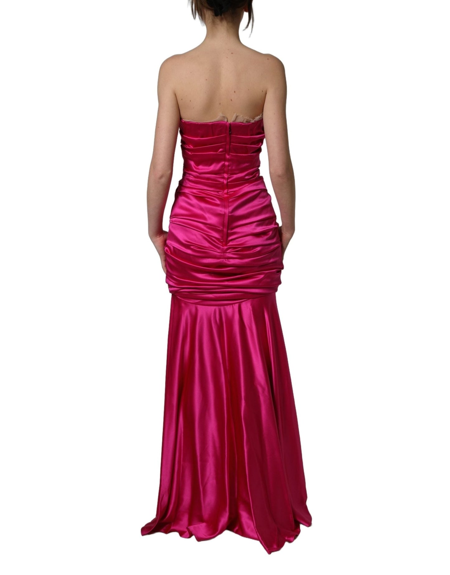 Dolce & Gabbana Hot Pink Ruched Satin Strapless Gown Dress - HBPS Beauty & Fashion