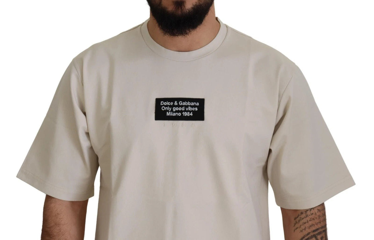 Dolce & Gabbana Ivory Cotton Ivory Printed Crewneck - HBPS Beauty & Fashion