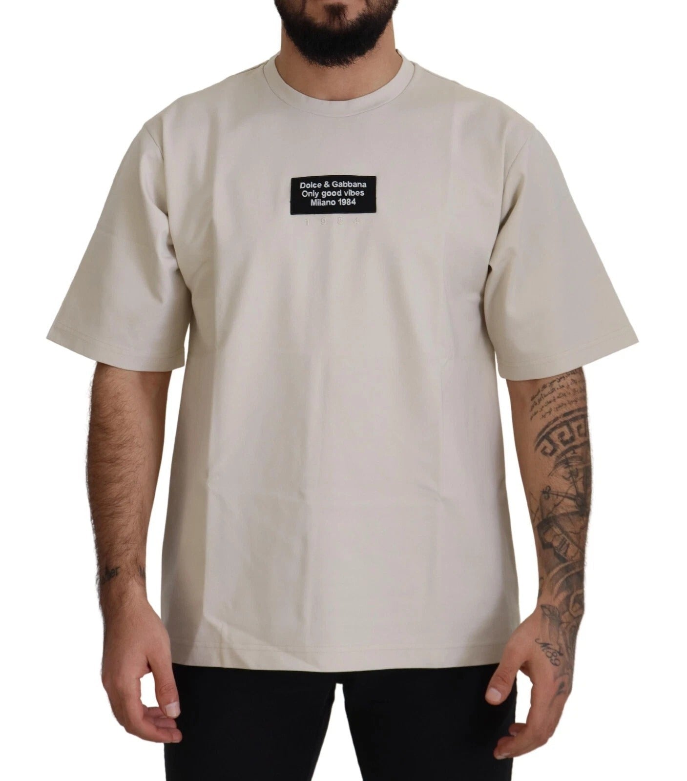 Dolce & Gabbana Ivory Cotton Ivory Printed Crewneck - HBPS Beauty & Fashion