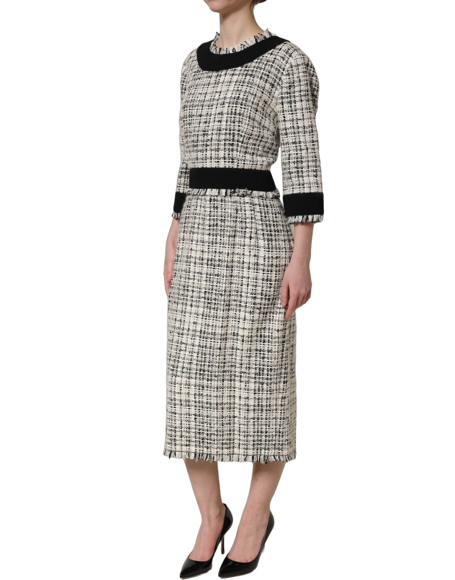 Dolce & Gabbana Multicolor Bouclé Tweed Frayed Trim Midi Dress - HBPS Beauty & Fashion