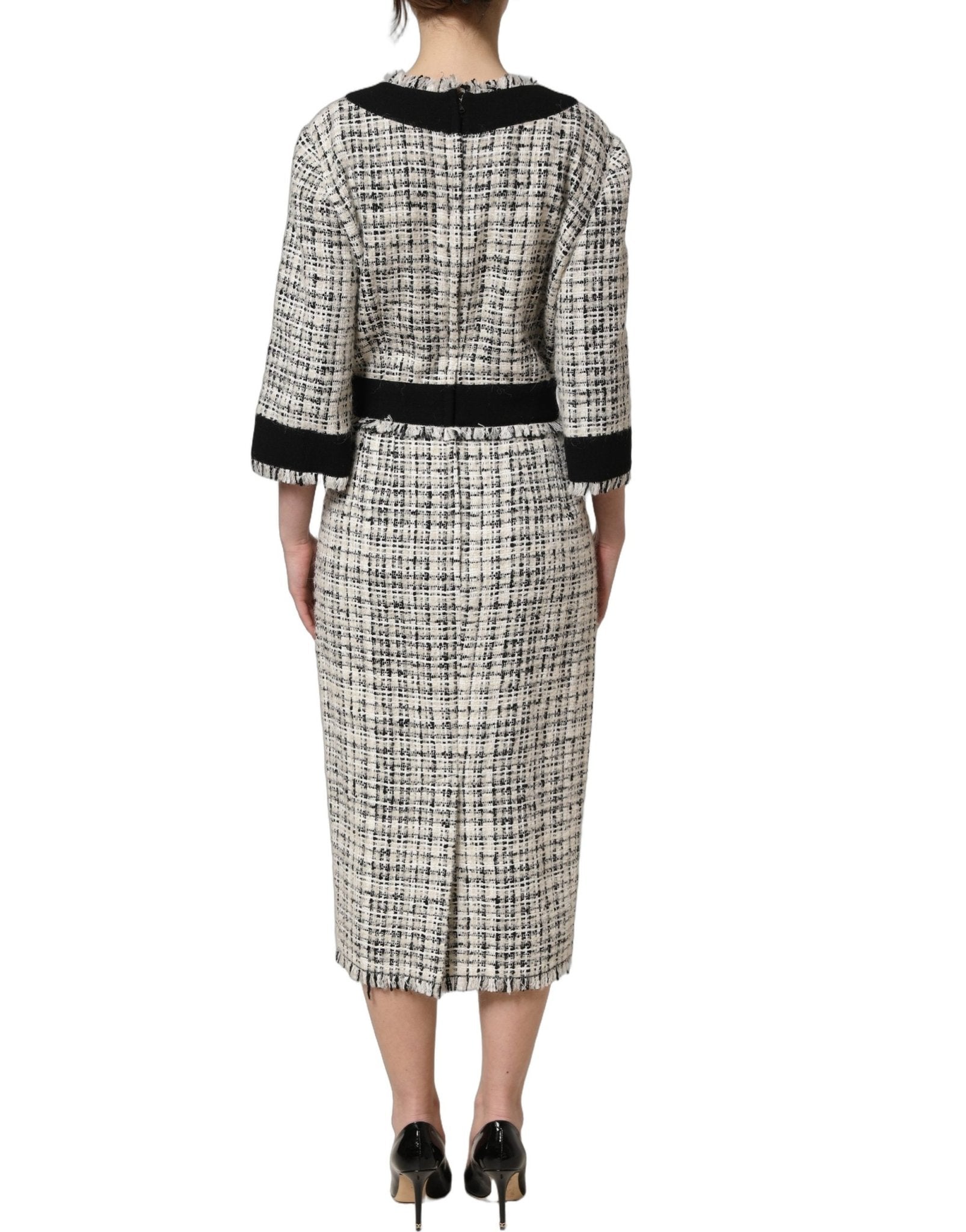 Dolce & Gabbana Multicolor Bouclé Tweed Frayed Trim Midi Dress - HBPS Beauty & Fashion