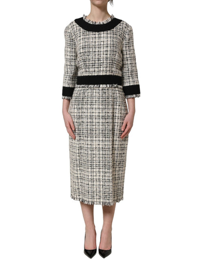 Dolce & Gabbana Multicolor Bouclé Tweed Frayed Trim Midi Dress - HBPS Beauty & Fashion