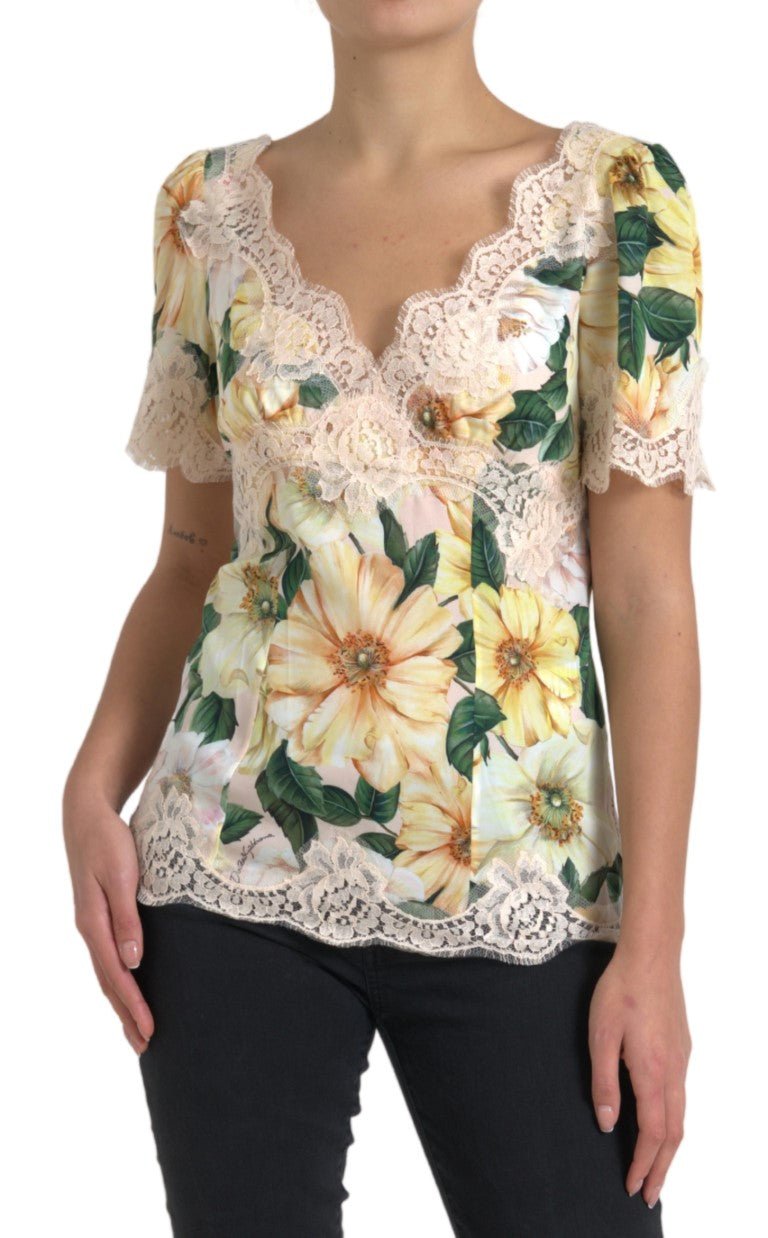 Dolce & Gabbana Multicolor Floral Lace V Neck Blouse - HBPS Beauty & Fashion