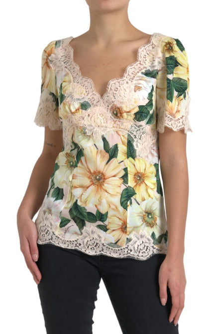 Dolce & Gabbana Multicolor Floral Lace V Neck Blouse - HBPS Beauty & Fashion