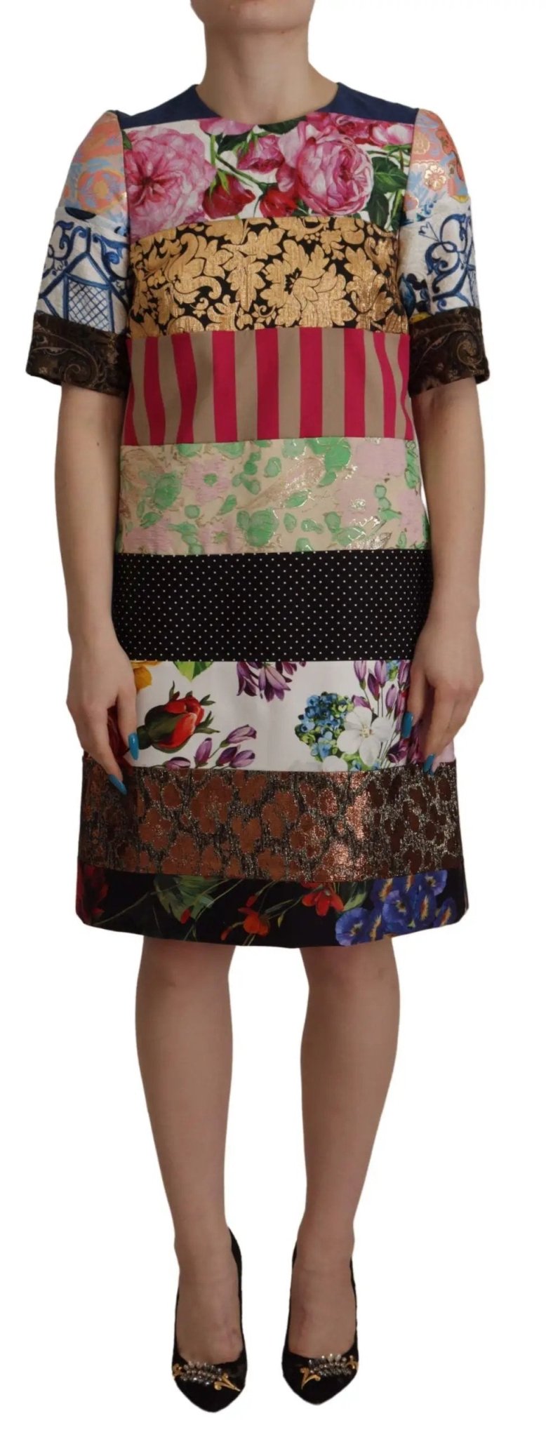 Dolce & Gabbana Multicolor Pachwork Floral Sheath Jaquard Mini Gown Dress - HBPS Beauty & Fashion