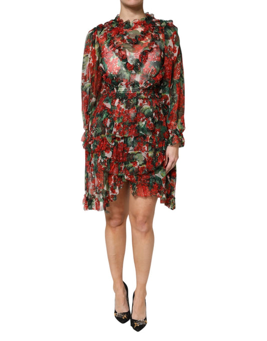 Dolce & Gabbana Multicolor Ruffle Floral Long Sleeves Dress - HBPS Beauty & Fashion