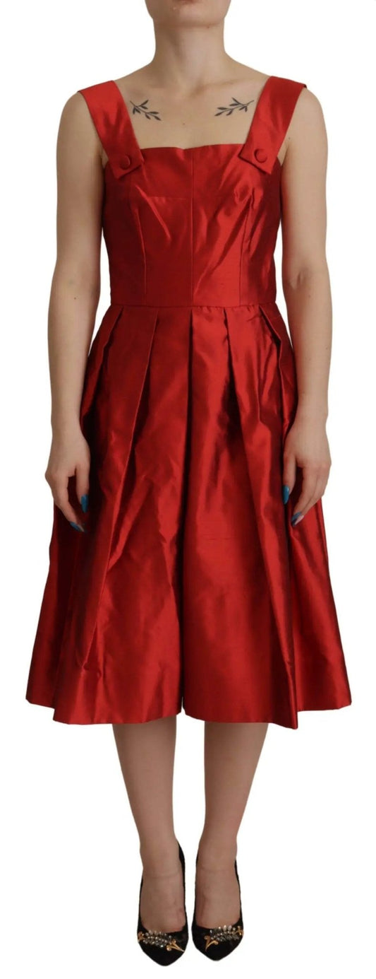 Dolce & Gabbana Red A-line Pleated Satin Silk Dress - HBPS Beauty & Fashion