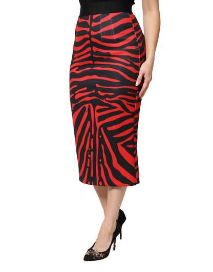 Dolce & Gabbana Red Black Zebra Print Polyester Pencil Midi Skirt - HBPS Beauty & Fashion