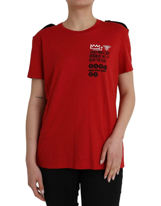 Dolce & Gabbana Red Cotton Graphic Print Crew Neck T-shirt - HBPS Beauty & Fashion