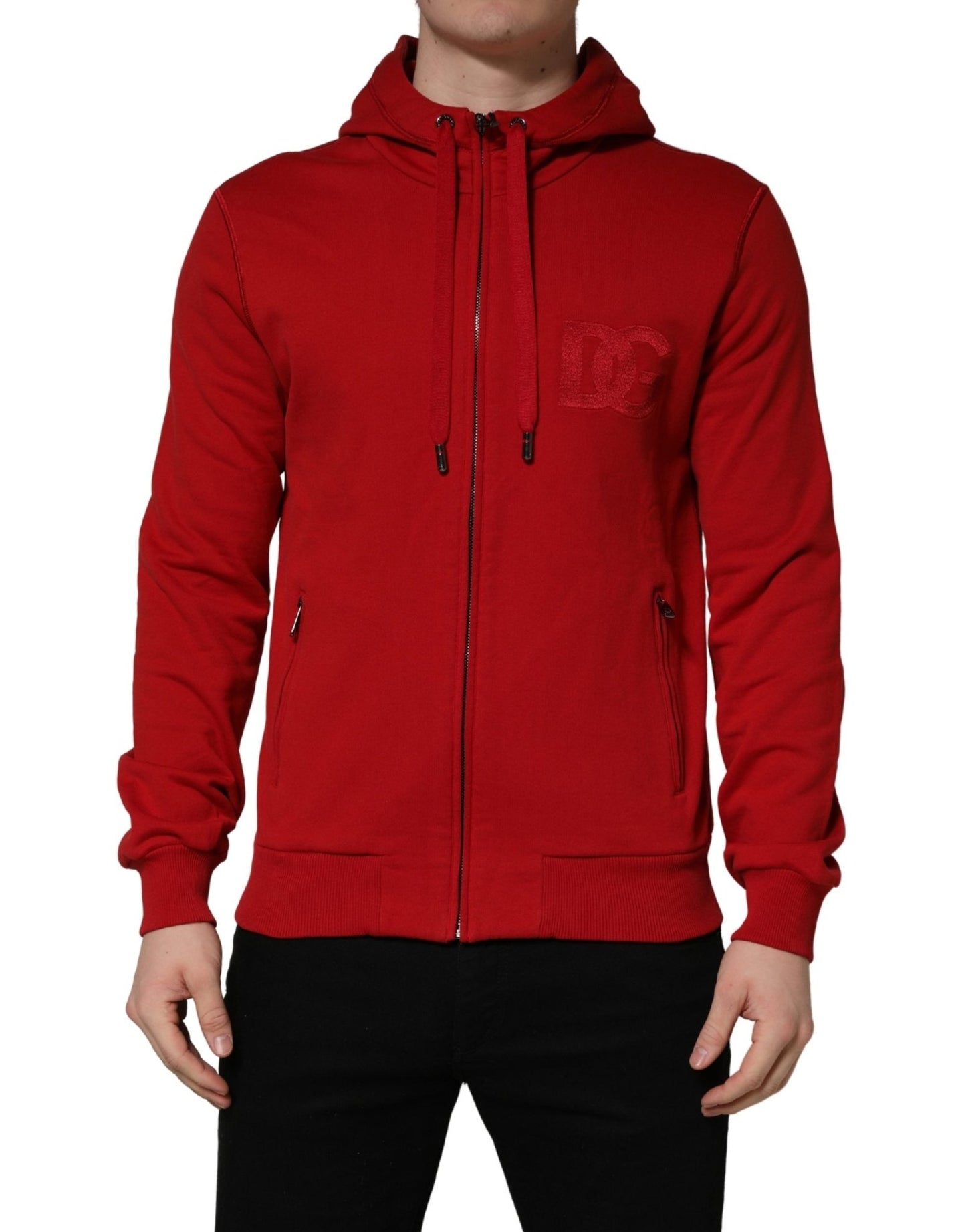 Dolce & Gabbana Red Embroidered Logo Hooded Full Zip Sweater - HBPS Beauty & Fashion