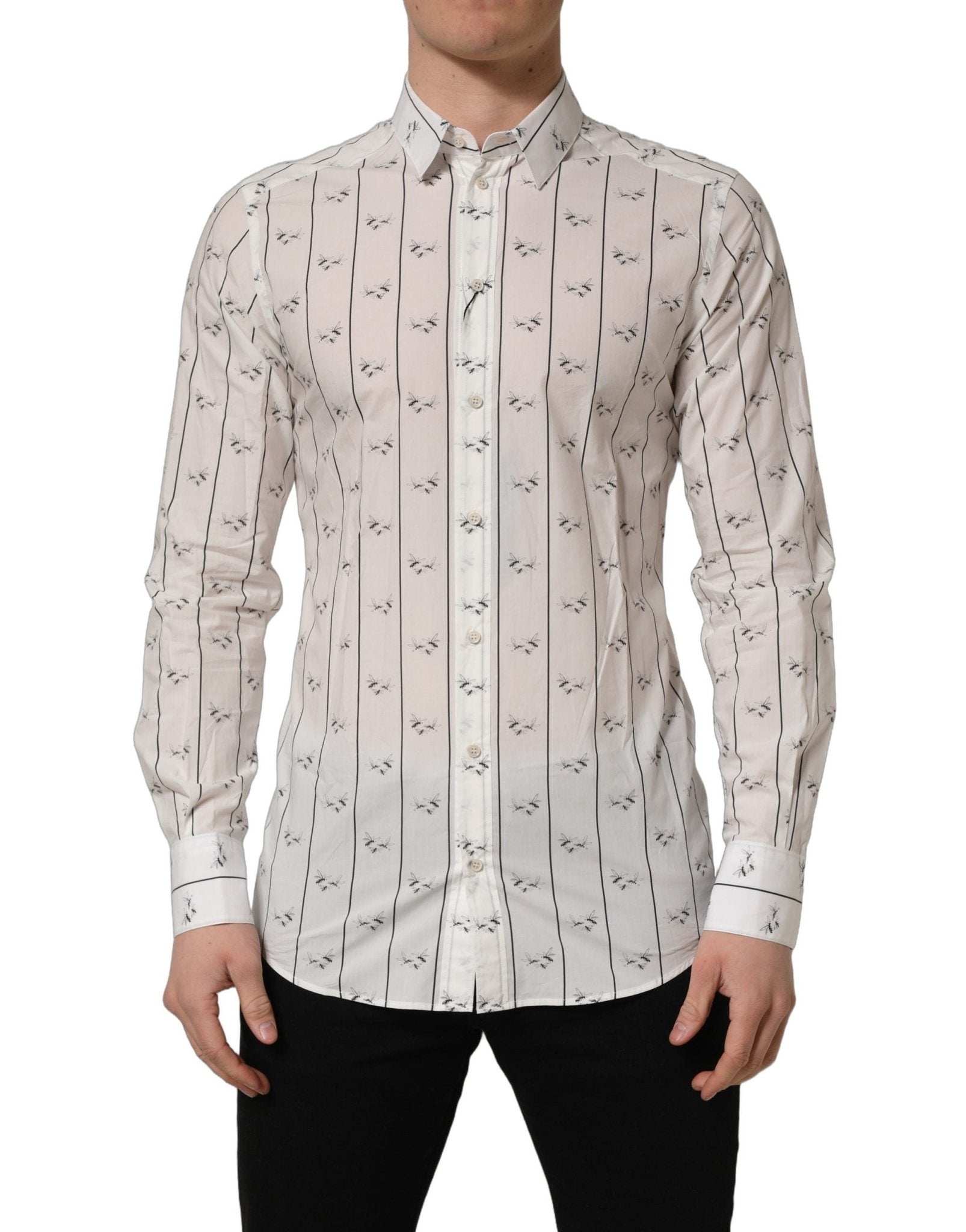 Dolce & Gabbana White Bee Print Cotton GOLD Fit Dress Shirt - HBPS Beauty & Fashion