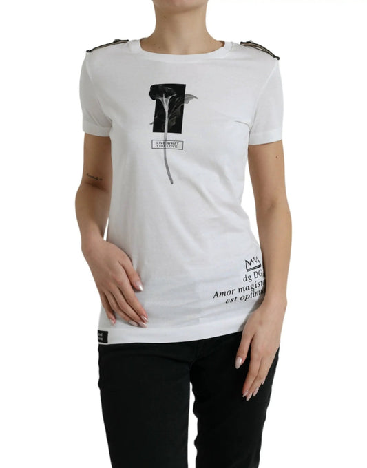 Dolce & Gabbana White Black Roses Crewneck Cotton T-shirt - HBPS Beauty & Fashion