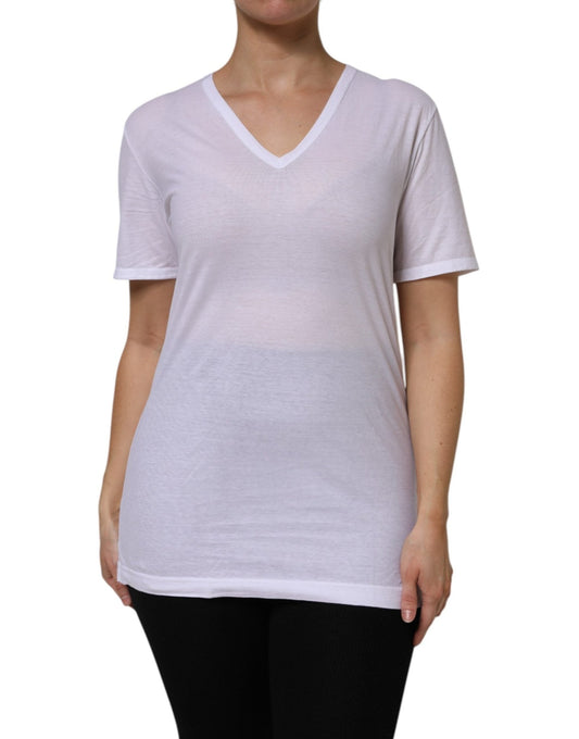 Dolce & Gabbana White Cotton Short Sleeves V-Neck Top T-shirt - HBPS Beauty & Fashion