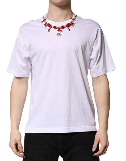 Dolce & Gabbana White Embellished Cotton Crew Neck T-shirt - HBPS Beauty & Fashion