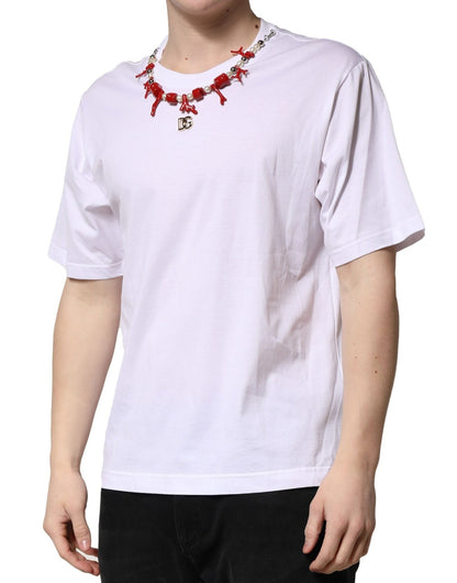 Dolce & Gabbana White Embellished Cotton Crew Neck T-shirt - HBPS Beauty & Fashion