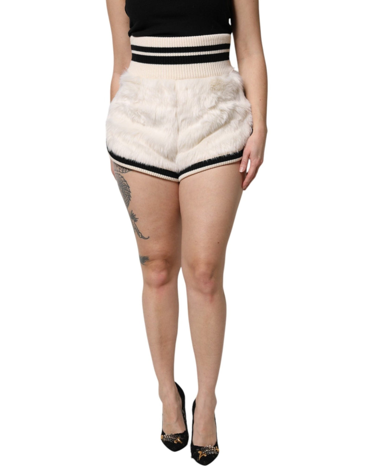 Dolce & Gabbana White Faux Fur High Waisted Hot Pants Short - HBPS Beauty & Fashion