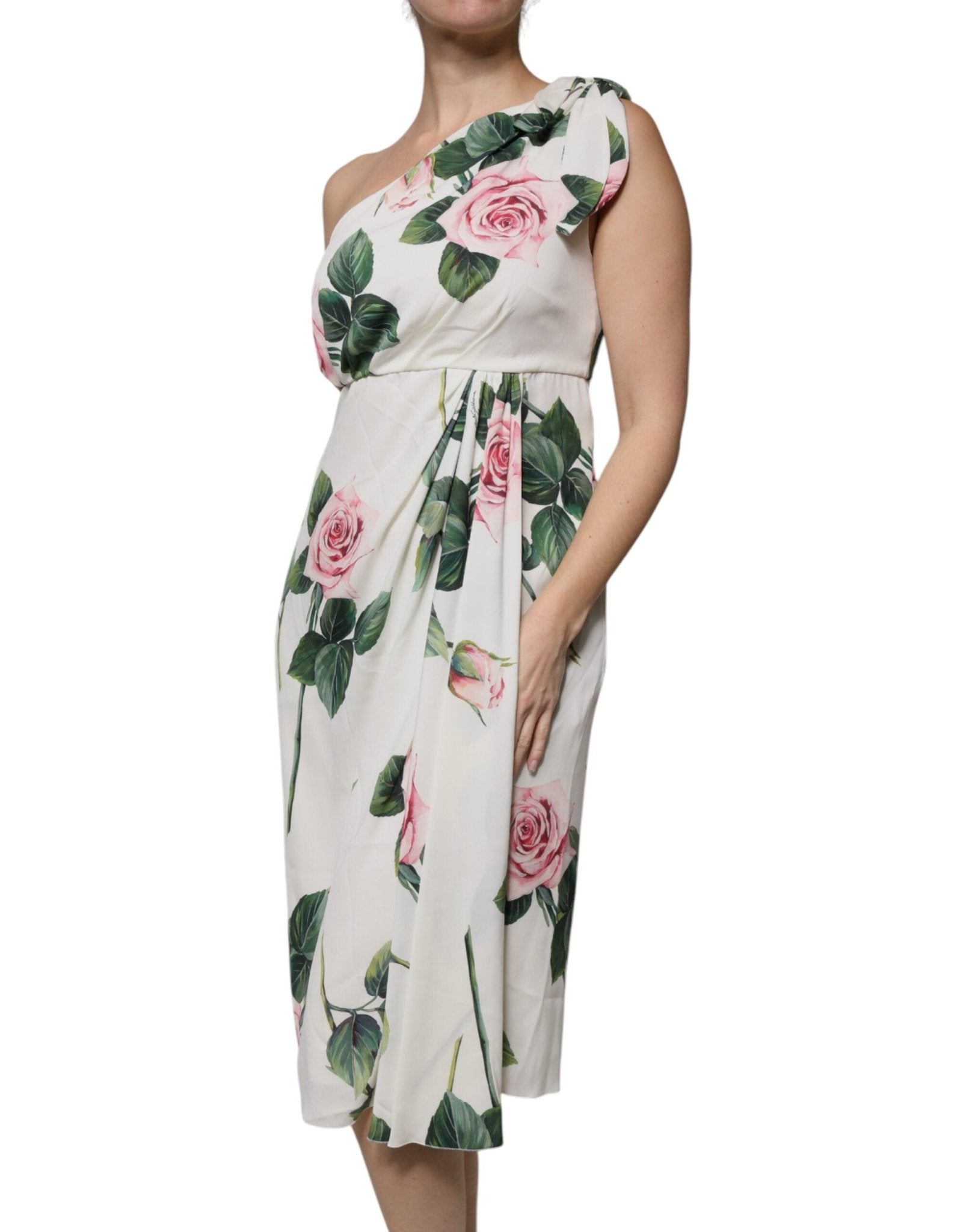 Dolce & Gabbana White Floral Silk One Shoulder Midi Dress - HBPS Beauty & Fashion