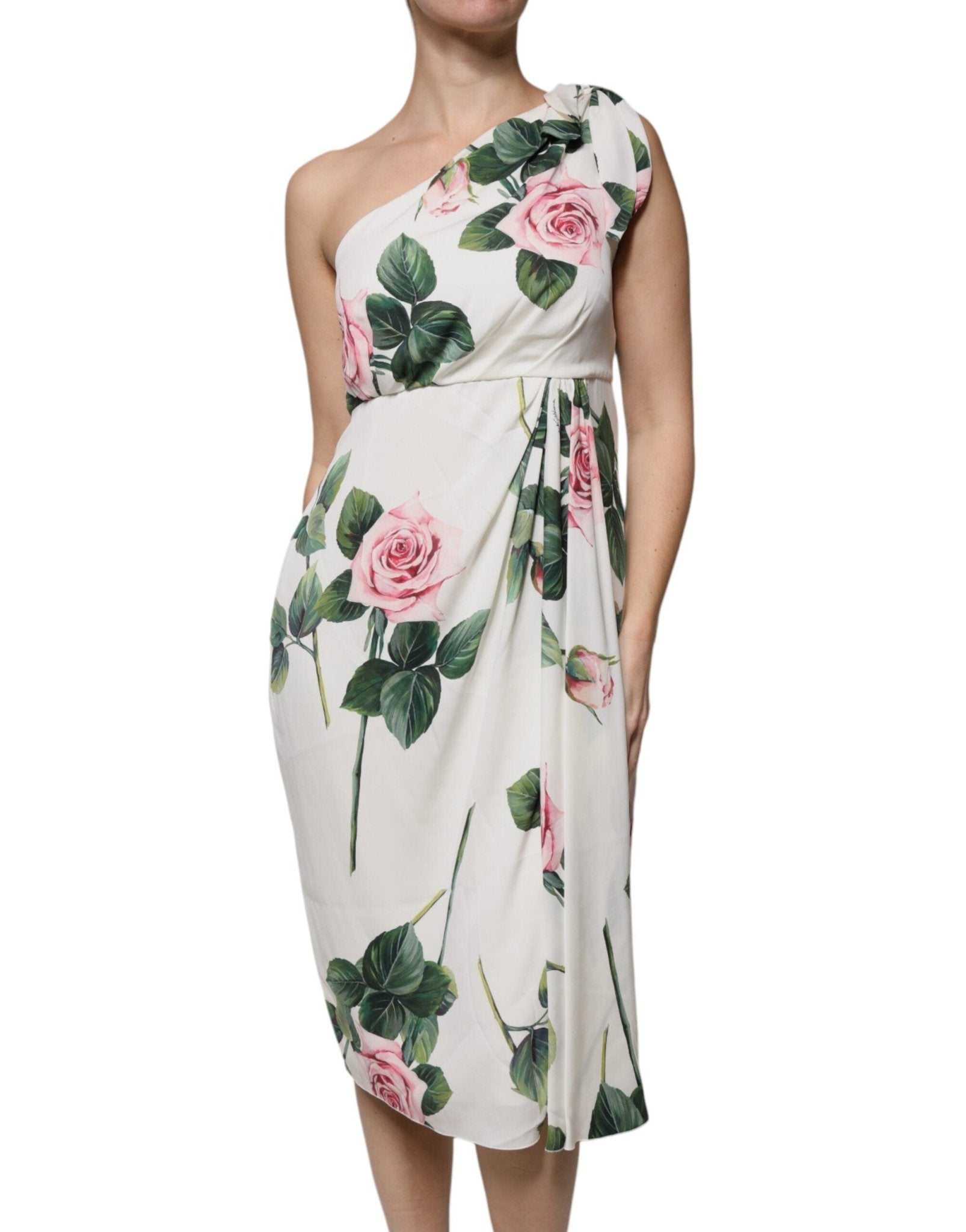 Dolce & Gabbana White Floral Silk One Shoulder Midi Dress - HBPS Beauty & Fashion