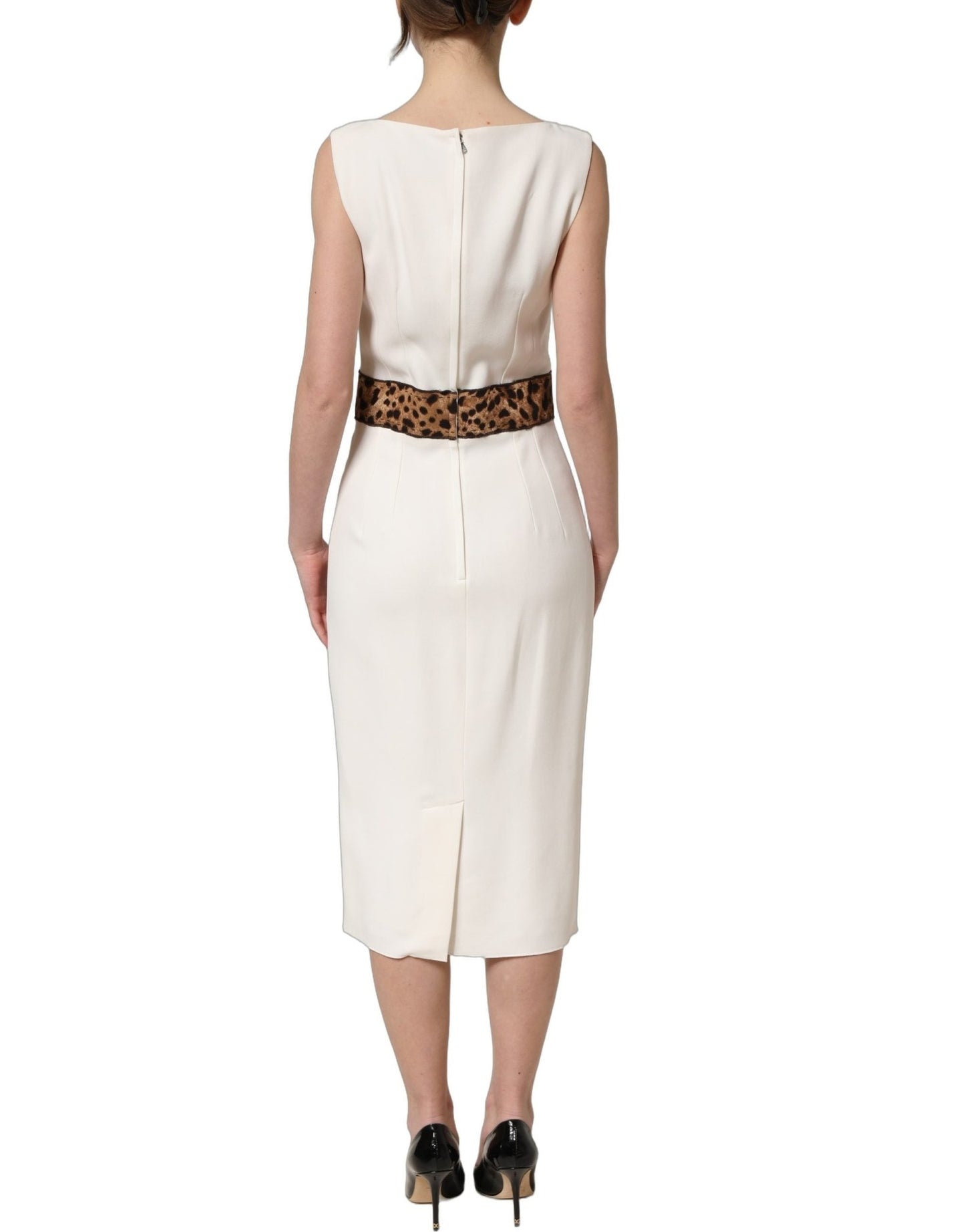 Dolce & Gabbana White Leopard Sleeveless Sheath Midi Dress - HBPS Beauty & Fashion