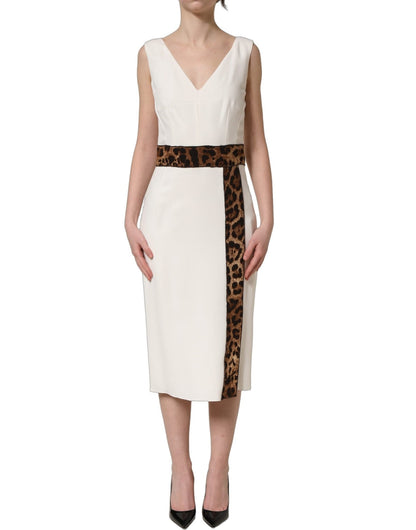 Dolce & Gabbana White Leopard Sleeveless Sheath Midi Dress - HBPS Beauty & Fashion