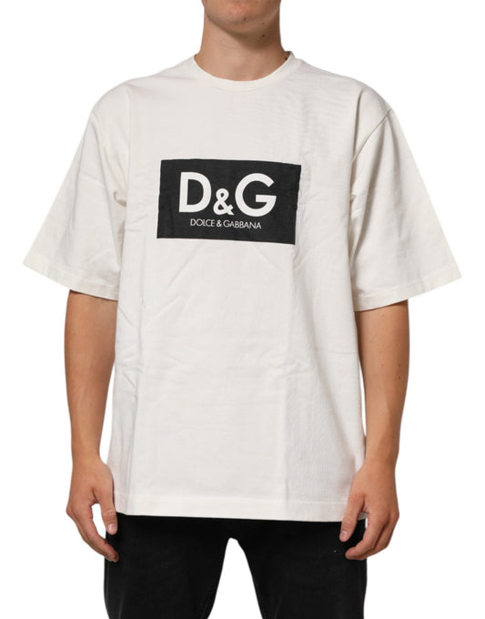 Dolce & Gabbana White Logo Print Cotton Crew Neck Men T-shirt - HBPS Beauty & Fashion