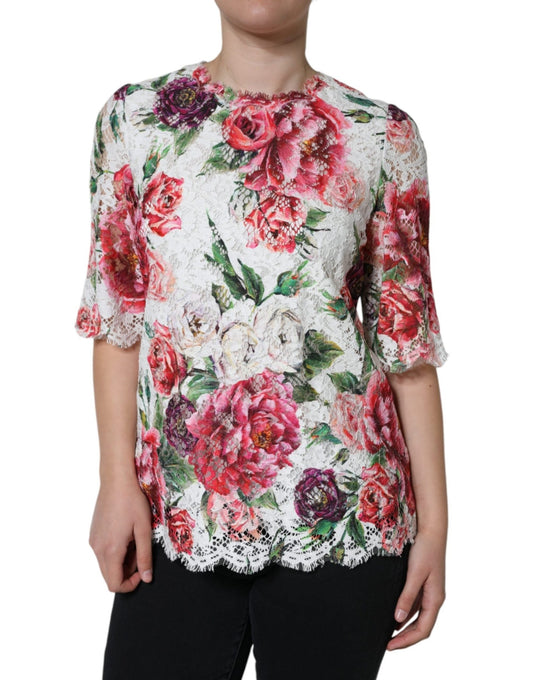 Dolce & Gabbana White Peony Lace Short Sleeves Blouse Top - HBPS Beauty & Fashion