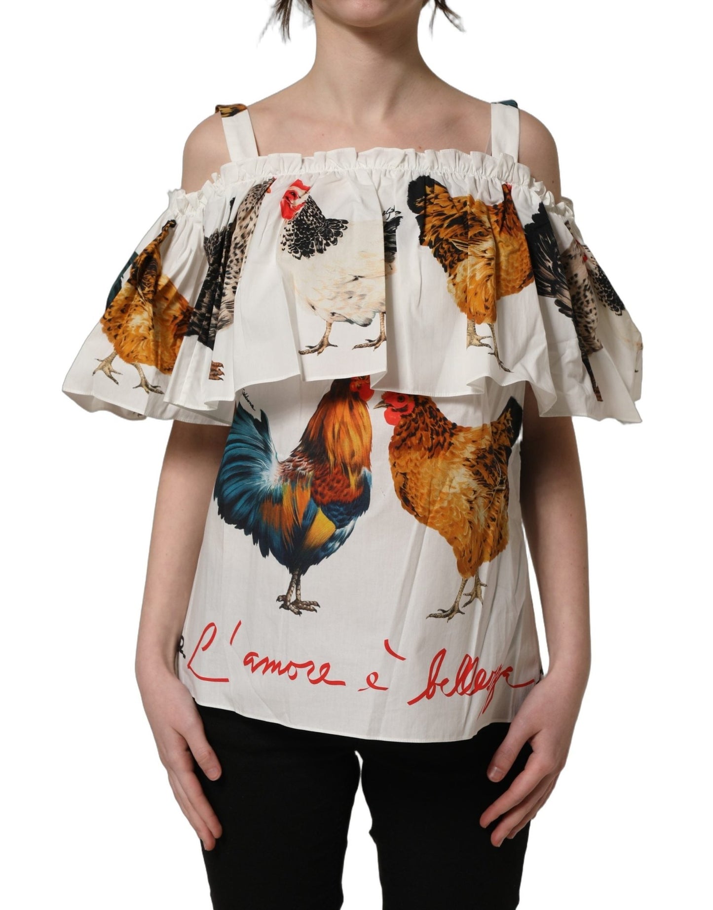 Dolce & Gabbana White Rooster Print Poplin Off The Shoulder Top - HBPS Beauty & Fashion
