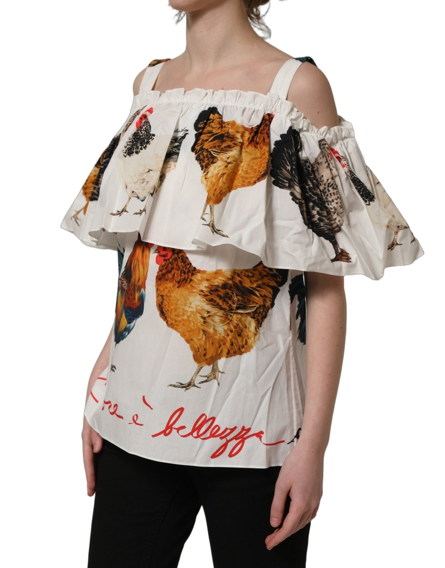Dolce & Gabbana White Rooster Print Poplin Off The Shoulder Top - HBPS Beauty & Fashion