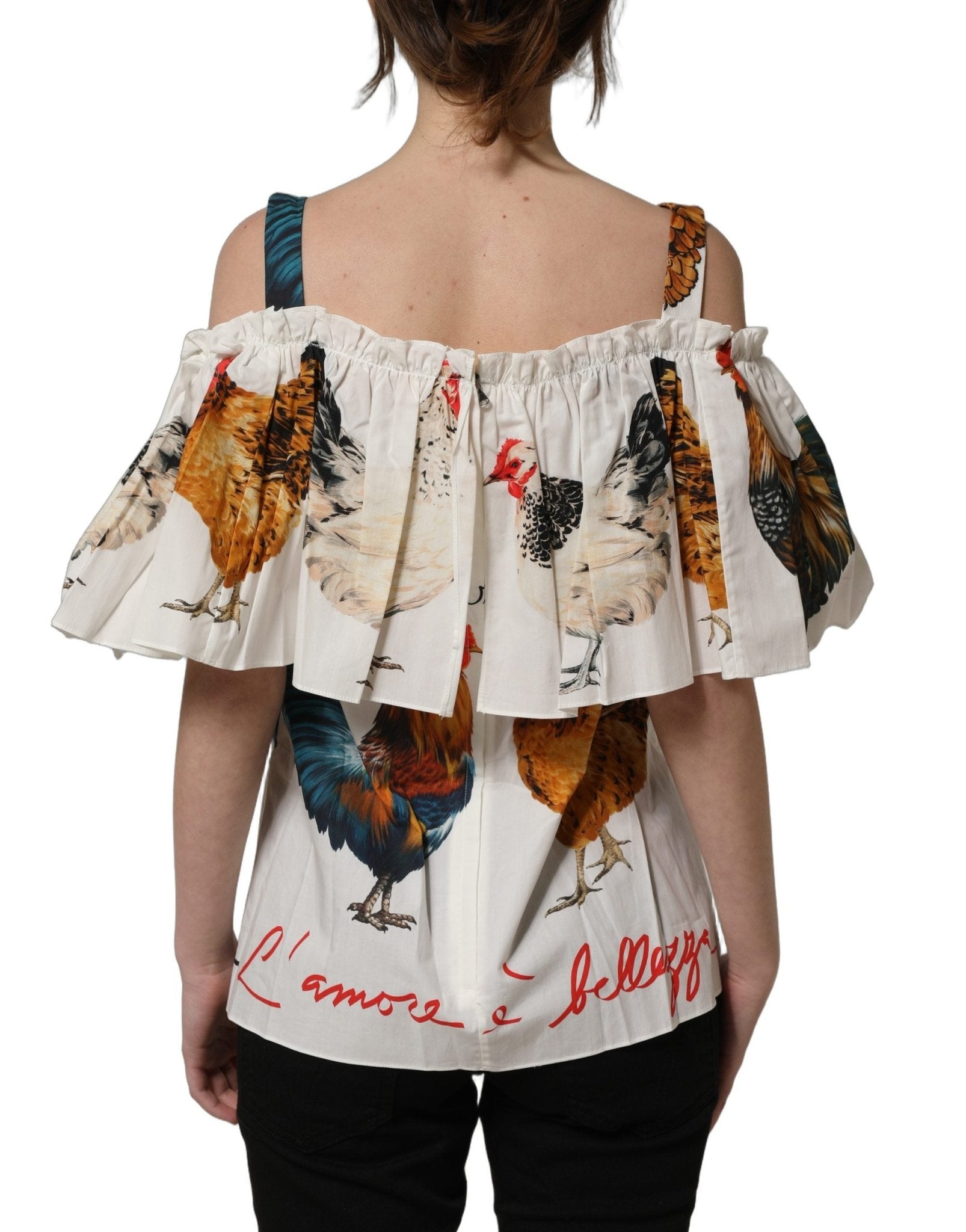 Dolce & Gabbana White Rooster Print Poplin Off The Shoulder Top - HBPS Beauty & Fashion