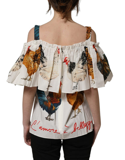 Dolce & Gabbana White Rooster Print Poplin Off The Shoulder Top - HBPS Beauty & Fashion