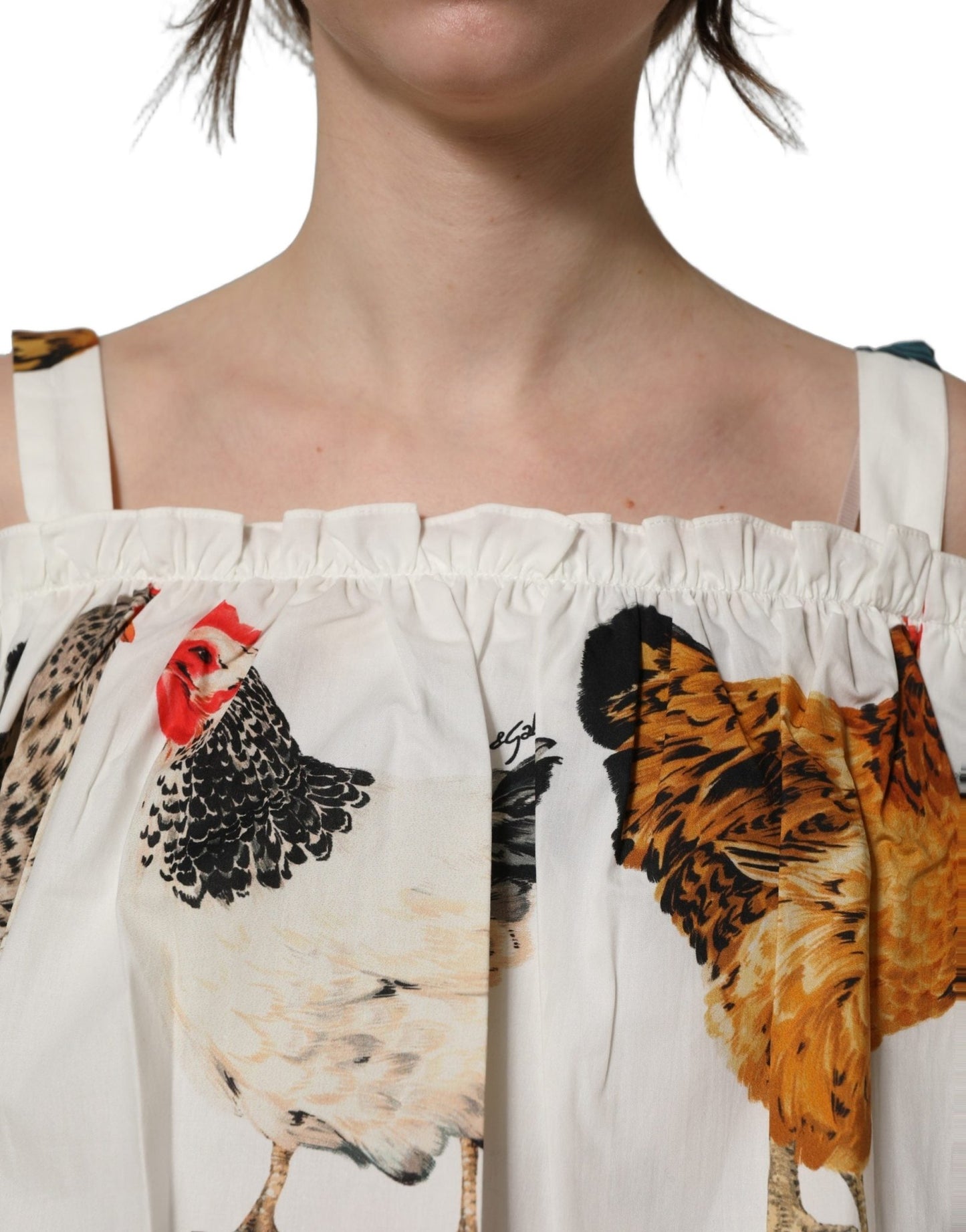Dolce & Gabbana White Rooster Print Poplin Off The Shoulder Top - HBPS Beauty & Fashion
