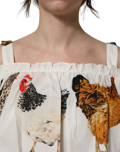 Dolce & Gabbana White Rooster Print Poplin Off The Shoulder Top - HBPS Beauty & Fashion