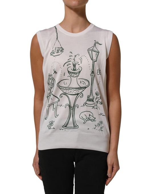 Dolce & Gabbana White Silk Knit Garden Fountain Print Tank Top - HBPS Beauty & Fashion
