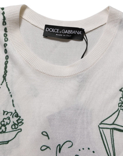Dolce & Gabbana White Silk Knit Garden Fountain Print Tank Top - HBPS Beauty & Fashion