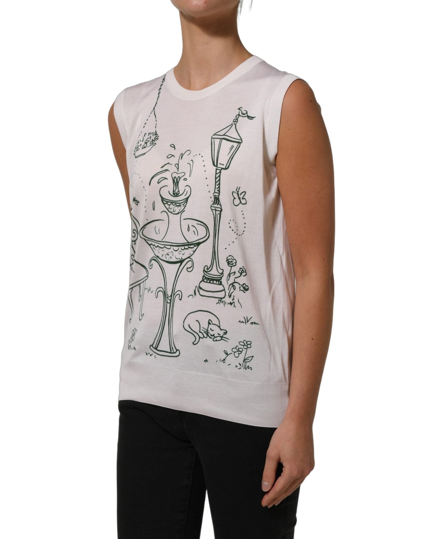Dolce & Gabbana White Silk Knit Garden Fountain Print Tank Top - HBPS Beauty & Fashion