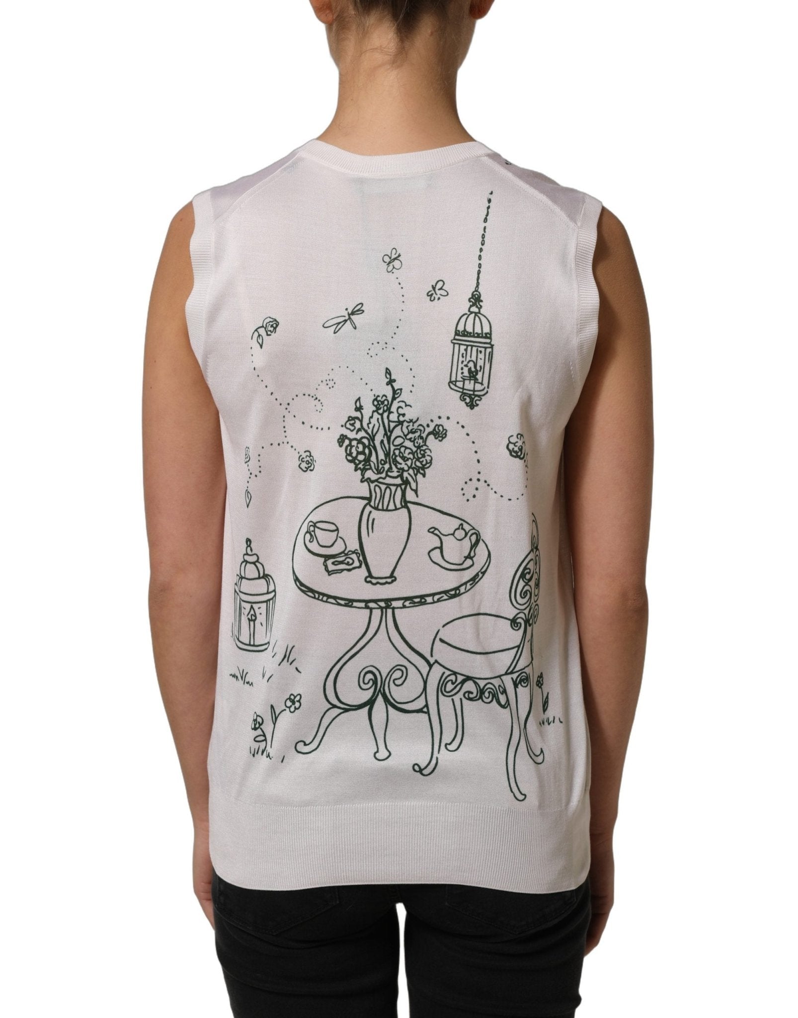Dolce & Gabbana White Silk Knit Garden Fountain Print Tank Top - HBPS Beauty & Fashion