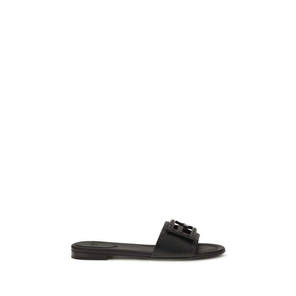 Fendi Black Calf Leather Bos Taurus Flat Sandals - HBPS Beauty & Fashion