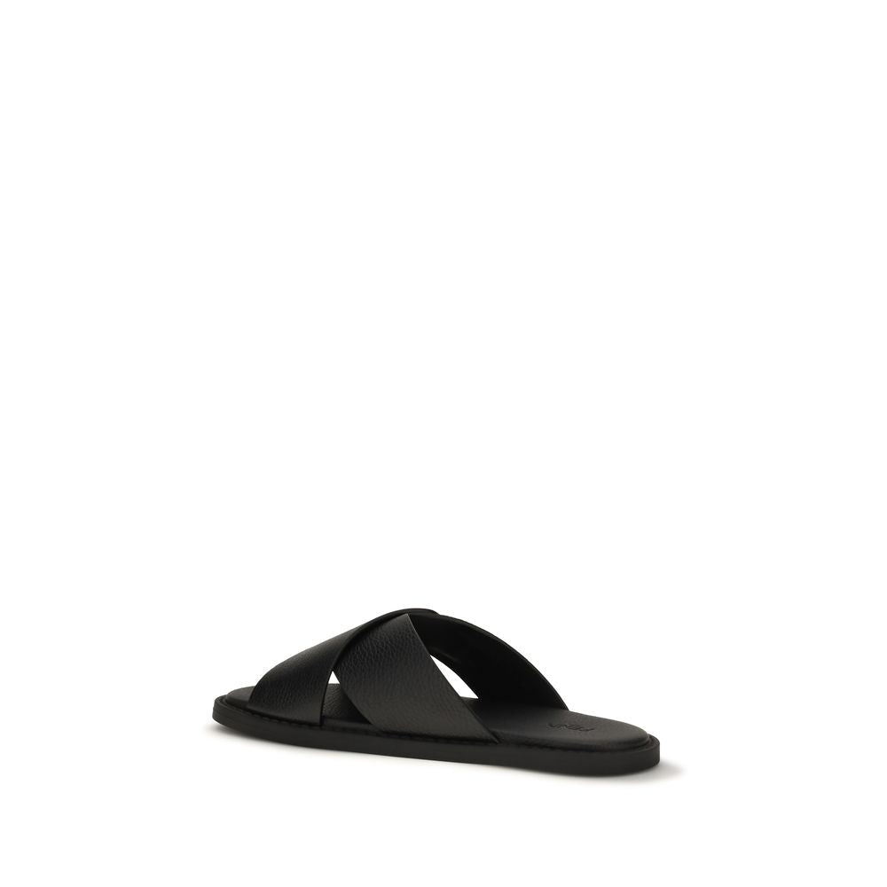 Fendi Black Calf Leather Bos Taurus Flat Sandals - HBPS Beauty & Fashion