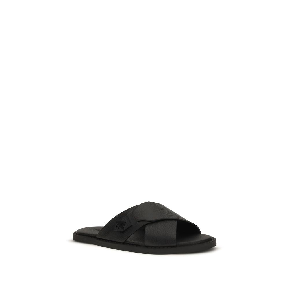 Fendi Black Calf Leather Bos Taurus Flat Sandals - HBPS Beauty & Fashion