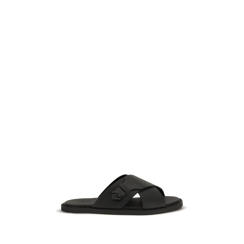 Fendi Black Calf Leather Bos Taurus Flat Sandals - HBPS Beauty & Fashion