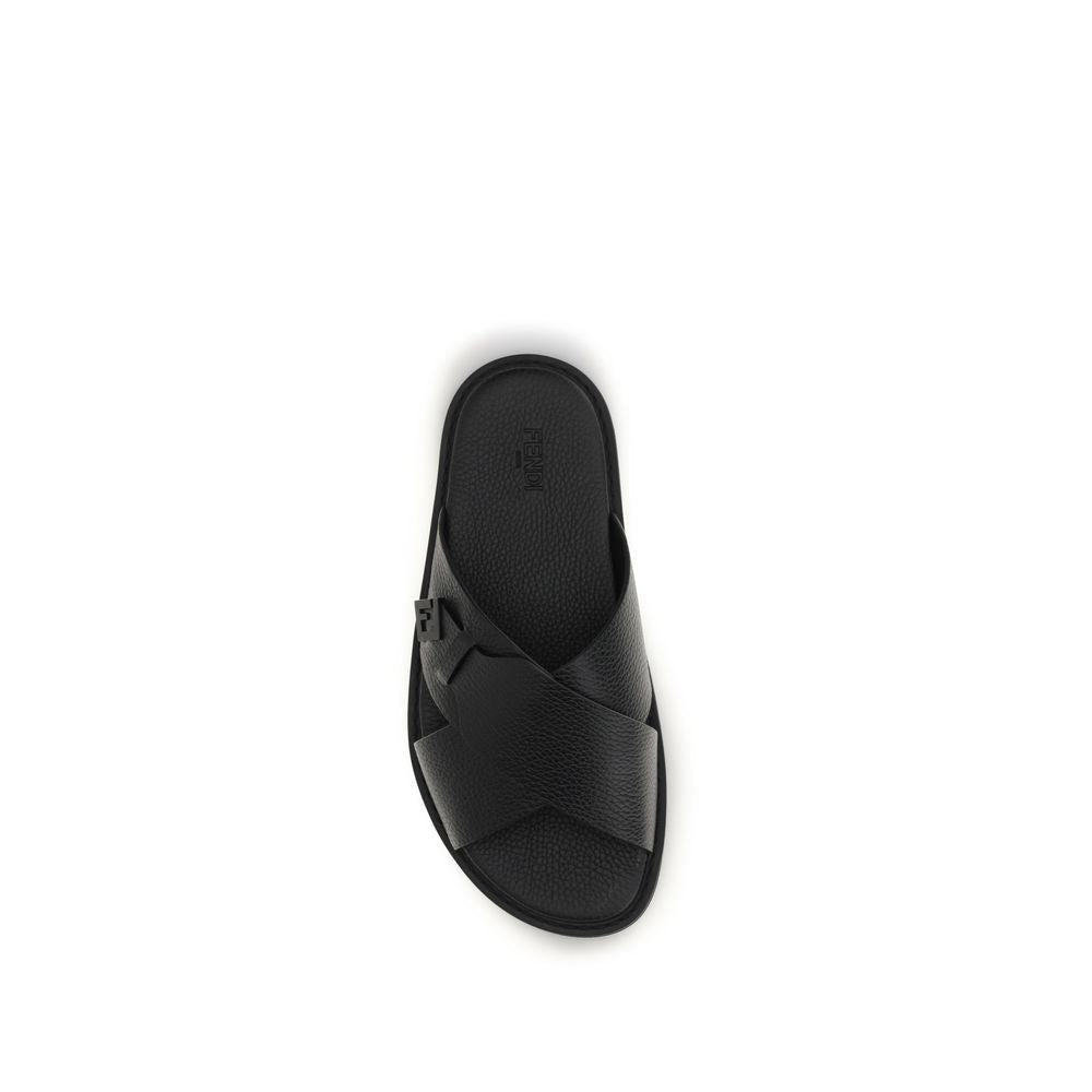 Fendi Black Calf Leather Bos Taurus Flat Sandals - HBPS Beauty & Fashion