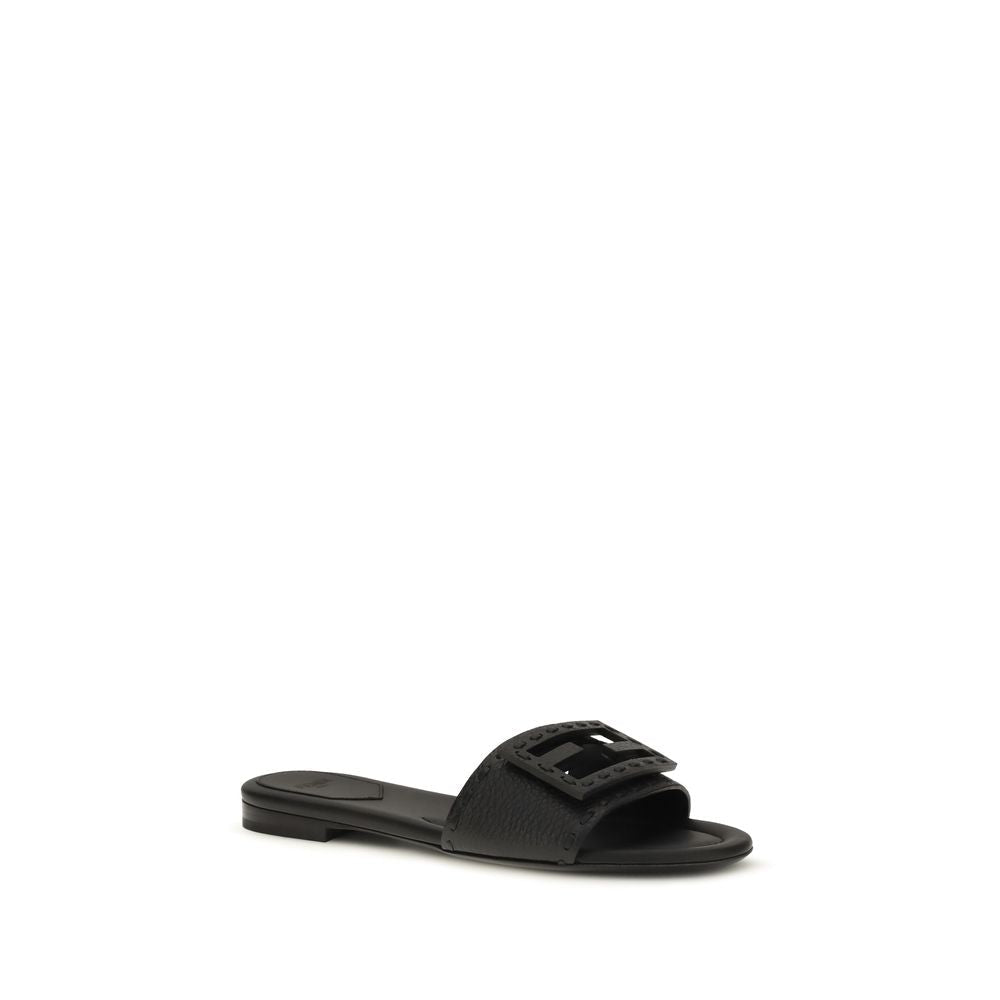 Fendi Black Calf Leather Bos Taurus Flat Sandals - HBPS Beauty & Fashion